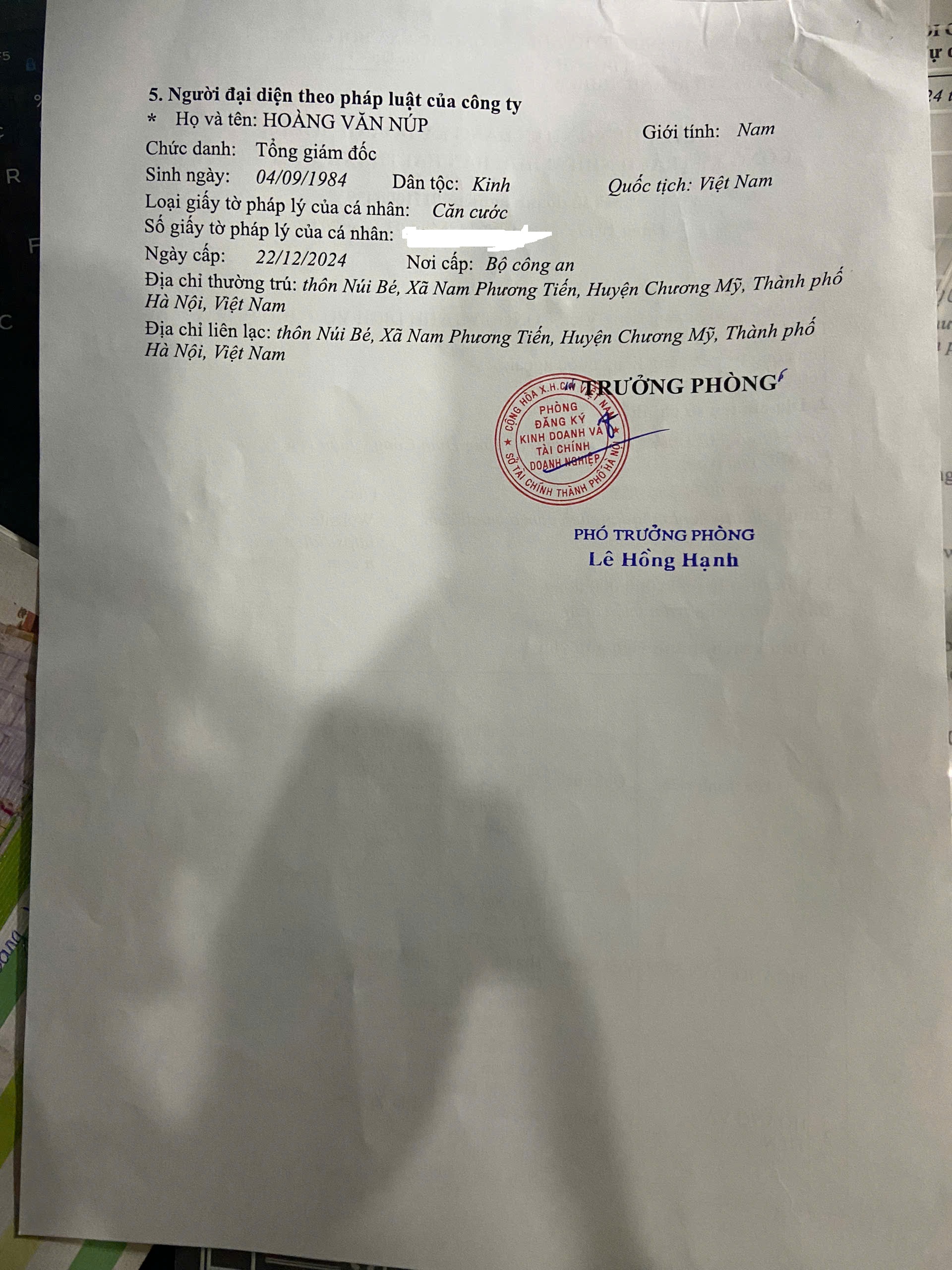 Giấy phép kinh doanh Mặt Sau