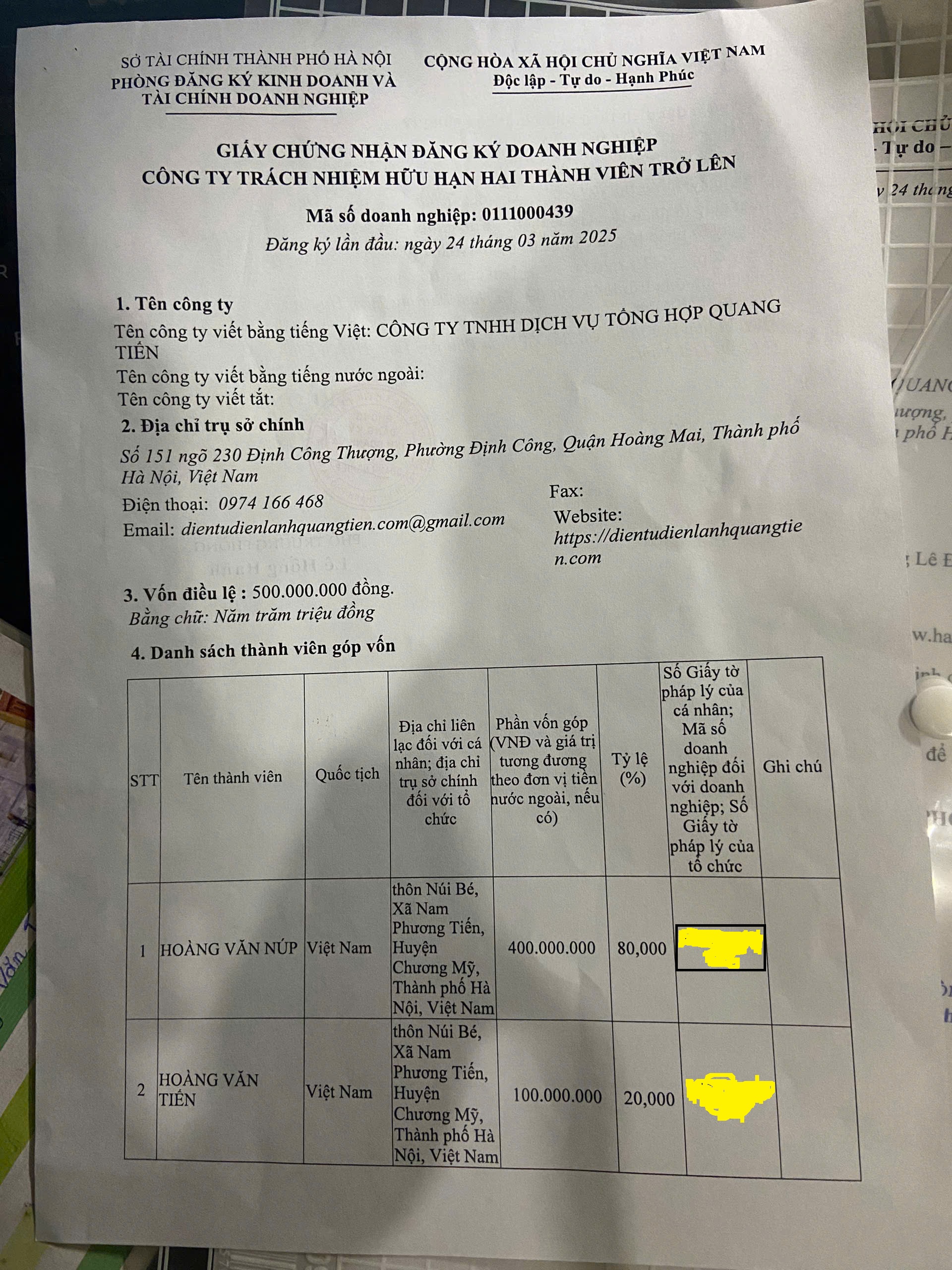 Giấy phép kinh doanh Mặt Trước